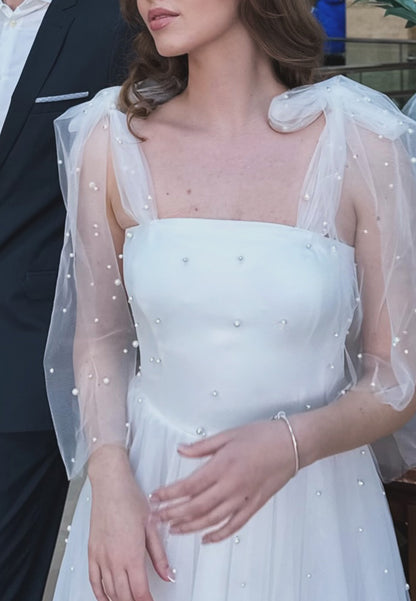 Square Tulle Pearl A-Line Midi Wedding Dress
