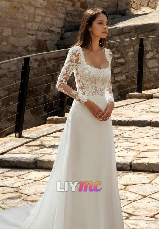 Squrae Long Sleeves Lace Appliques Sleek Sheath Wedding Dress