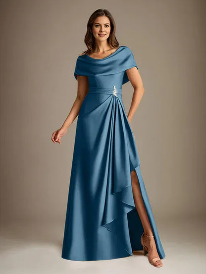 A-Line Scoop Floor-Length Stretch Satin Mother of the Bride Dress With Cascading Ruffles