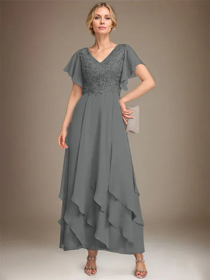 A-line V-Neck Ankle-Length Lace Chiffon Mother of the Bride Dress With Cascading Ruffles