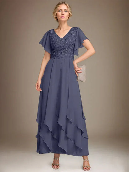 A-line V-Neck Ankle-Length Lace Chiffon Mother of the Bride Dress With Cascading Ruffles