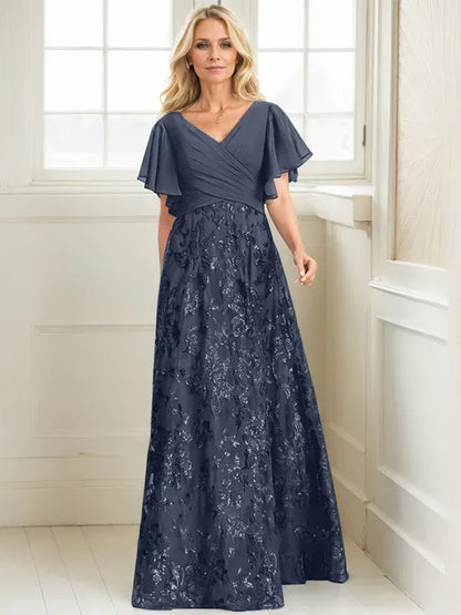 A-line V-Neck Floor-Length Lace Sequin Chiffon Mother of the Bride Dress With Pleated