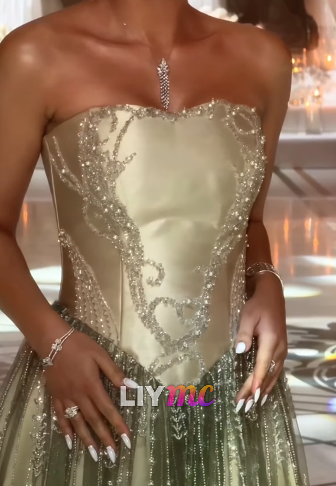 Straight Across Appliques Beaded Embroidery A-Line Evening Dress