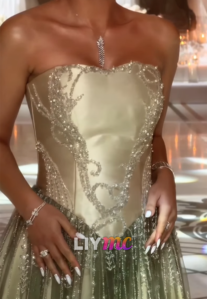 Straight Across Appliques Beaded Embroidery A-Line Evening Dress