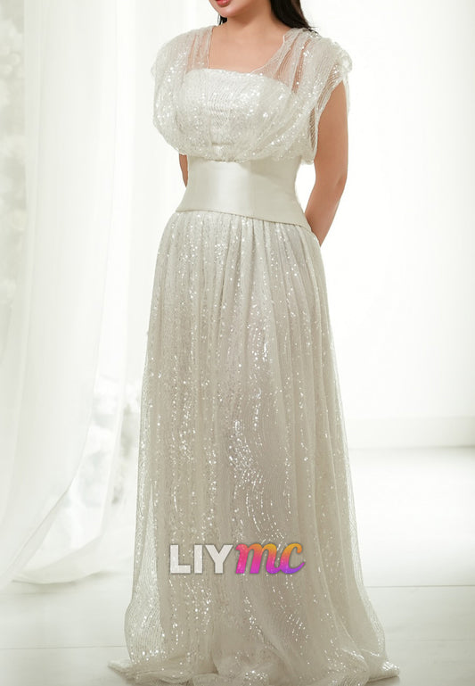 Straight Across Beaded Embroidery Corset Sparkly A-Line Wedding Dress