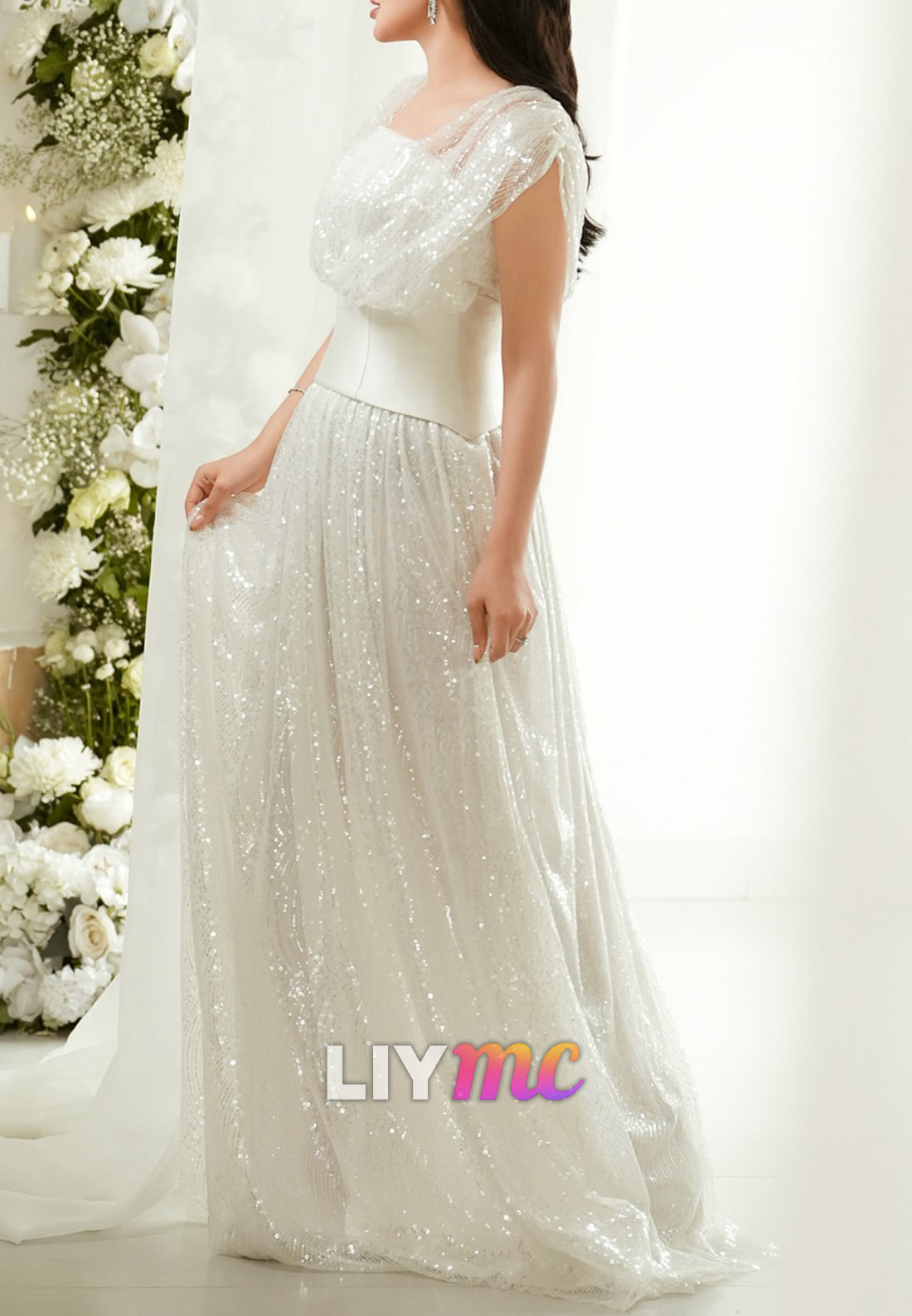 Straight Across Beaded Embroidery Corset Sparkly A-Line Wedding Dress