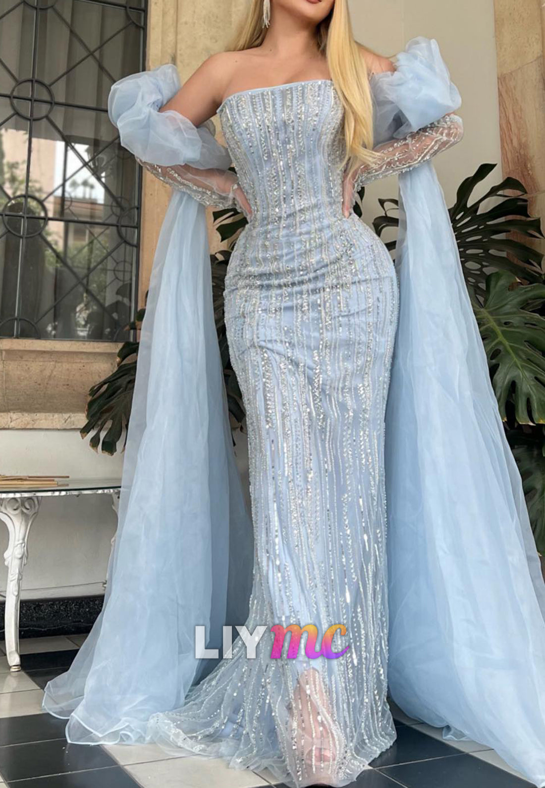 Straight Across Beaded Embroidery Sheath Sparkly Prom Dress