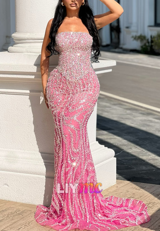 Straight Across Beaded Embroidery Sparkly Mermaid Prom Dress