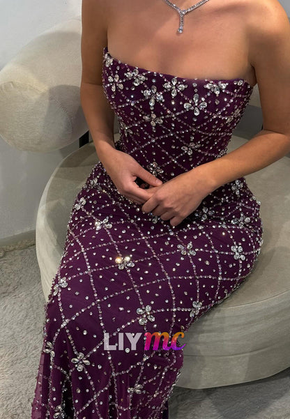 Straight Across Beaded Embroidery Sparkly Mermaid Prom Dress