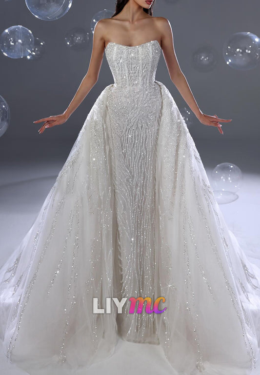 Straight Across Beaded Embroidery Sparkly Sheath Wedding Dress