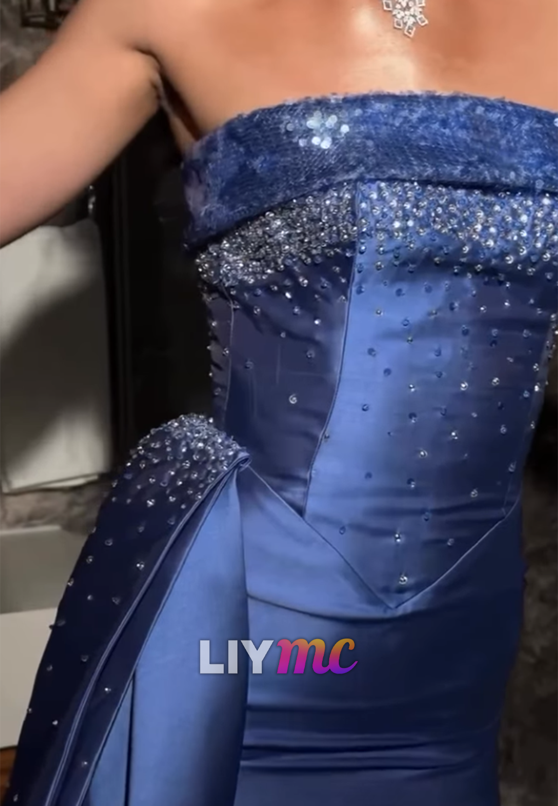 Straight Across Beaded Satin Mermaid Evening Dress