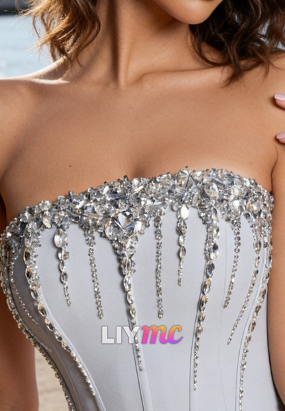 Straight Across Beaded Sleek Evening Dress Mermaid Prom Dress