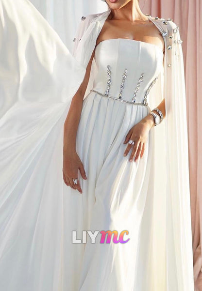 Straight Across Beaded Sleeveless A-Line Wedding Dress