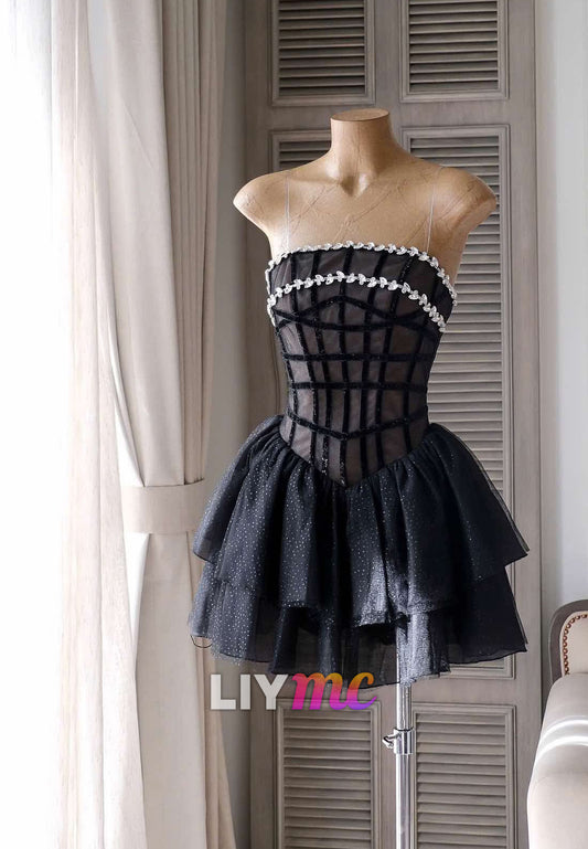 Straight Across Beaded Tiered A-Line Party Homecoming Dress
