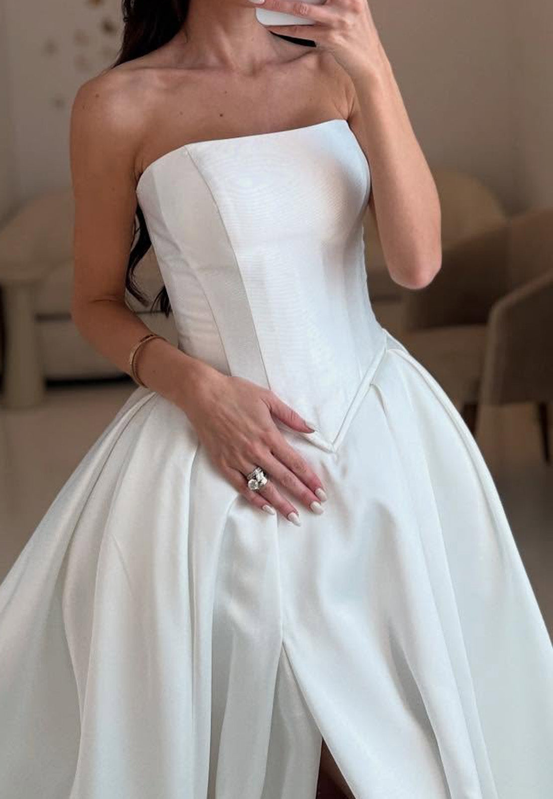 Straight Across Corset Pleated Satin A-Line Wedding Dress