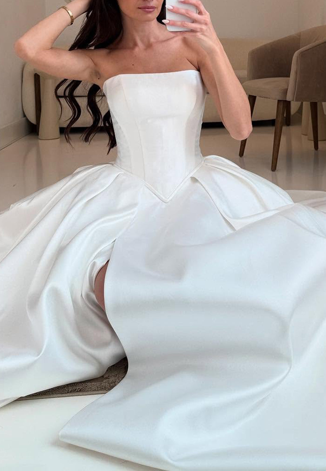 Straight Across Corset Pleated Satin A-Line Wedding Dress