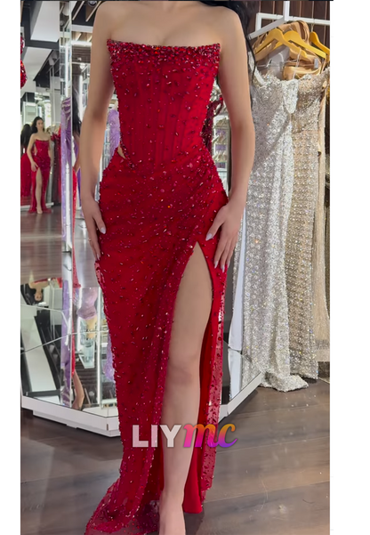 Straight Across Crystal Beaded Sparkly Sheath Prom Dress