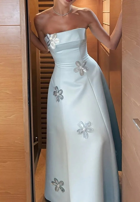 Straight Across Floral Appliques Blue A-Line Satin Formal Dress