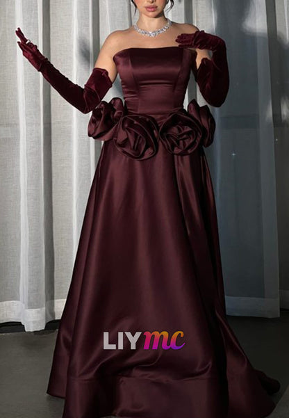 Straight Across Floral Embellished A-Line Evening Dress