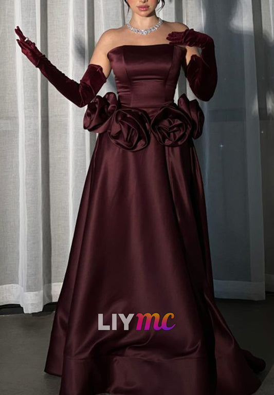Straight Across Floral Embellished A-Line Evening Dress