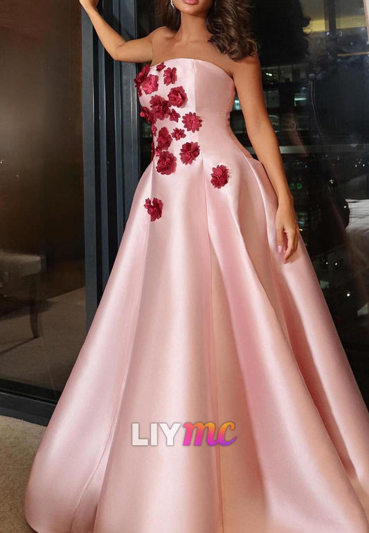 Straight Across Floral Satin A-Line Pink Evening Dress