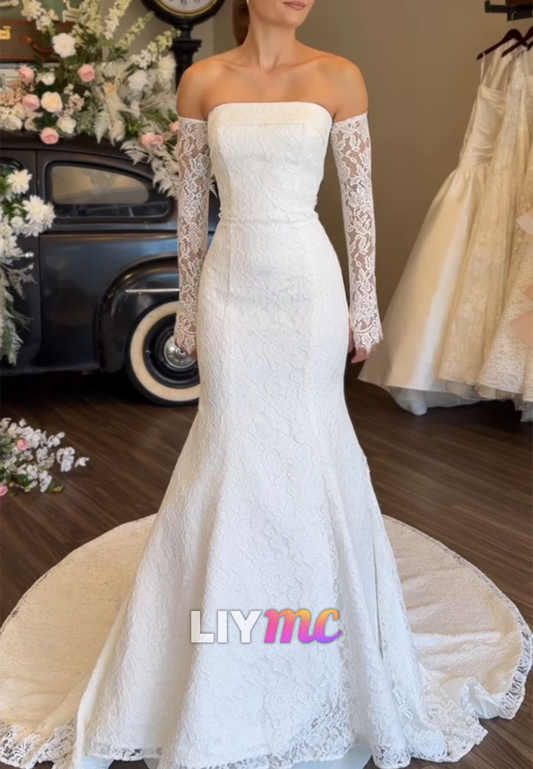 Straight Across Lace Appliques Mermaid Wedding Dress