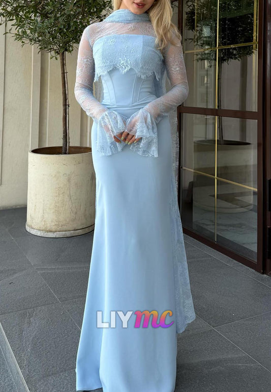 Straight Across Long Sleeves Appliques Mermaid Wedding Guest Dress