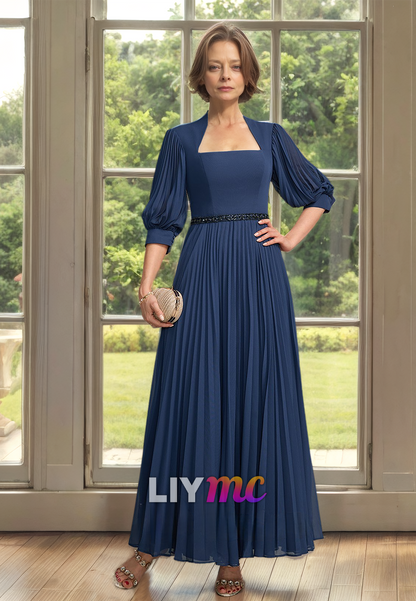 Straight Across Long Sleeves Pleated A-Line Mother of Bride Dress