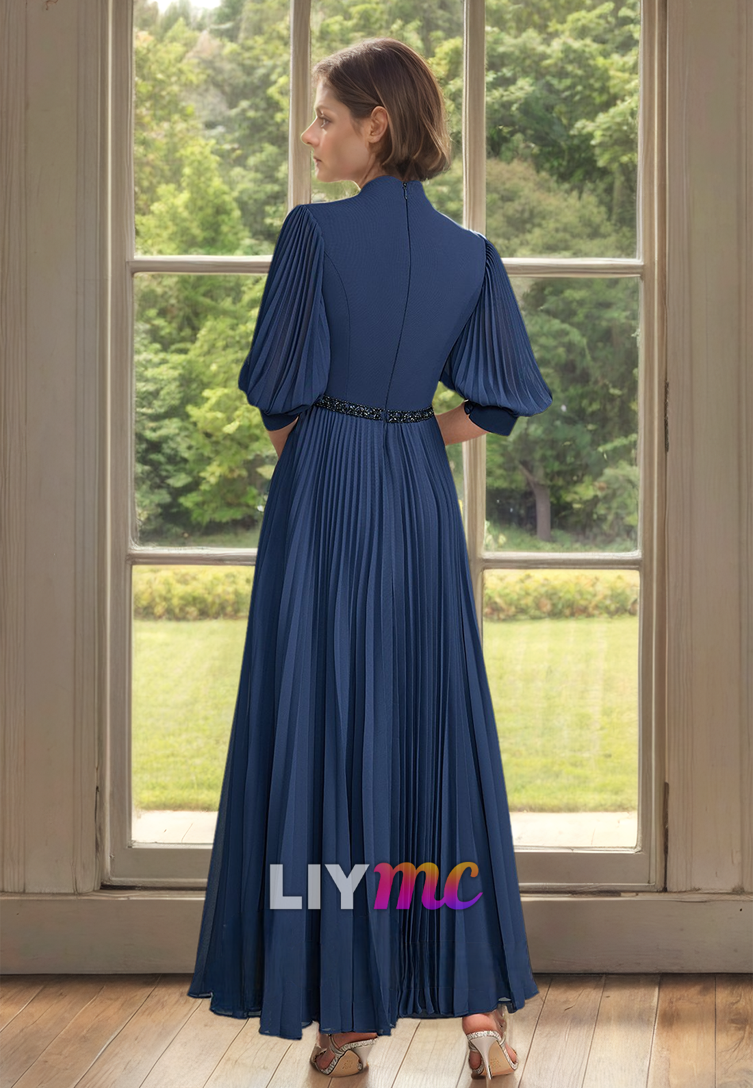 Straight Across Long Sleeves Pleated A-Line Mother of Bride Dress