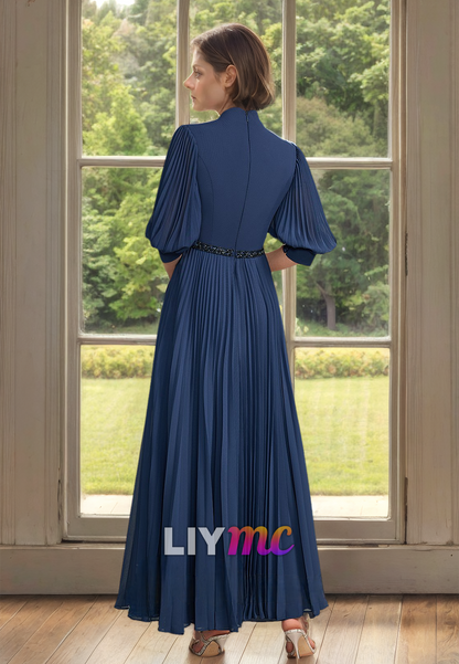 Straight Across Long Sleeves Pleated A-Line Mother of Bride Dress