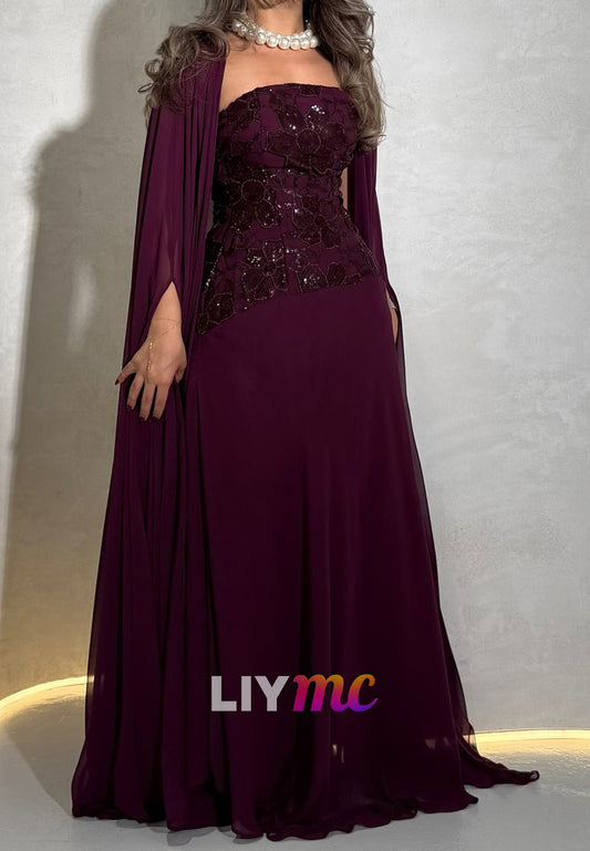 Straight Across Long Sleeves Sequins Appliques A-Line Formal Dress
