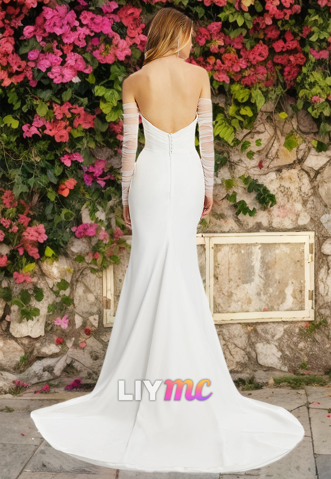 Straight Across Long Sleeves Sleek Mermaid Wedding Dress