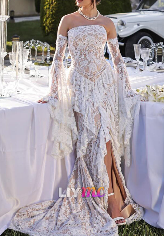 Straight Across Long Sleeves Tiered Appliques A-Line Wedding Dress