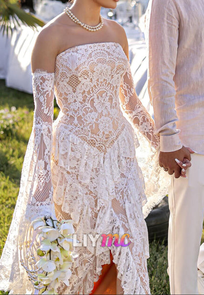 Straight Across Long Sleeves Tiered Appliques A-Line Wedding Dress