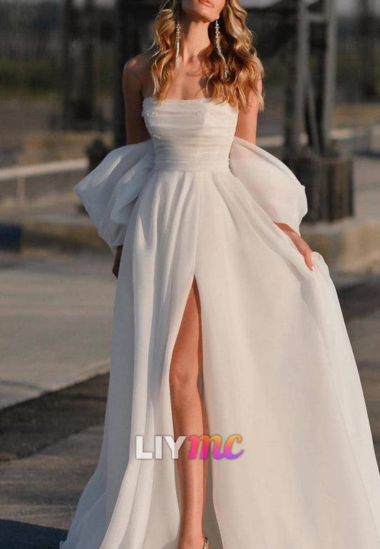 Straight Across Pearl A-Line Beach Wedding Dress