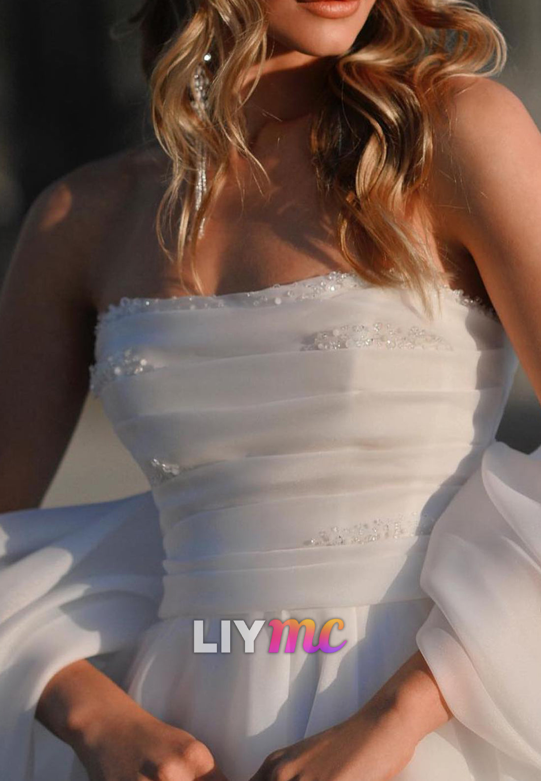 Straight Across Pearl A-Line Beach Wedding Dress