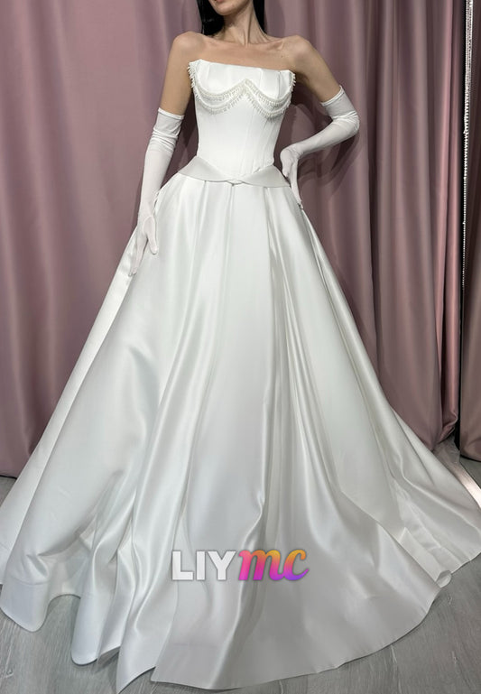 Straight Across Pearl Corset Satin A-Line Wedding Dress