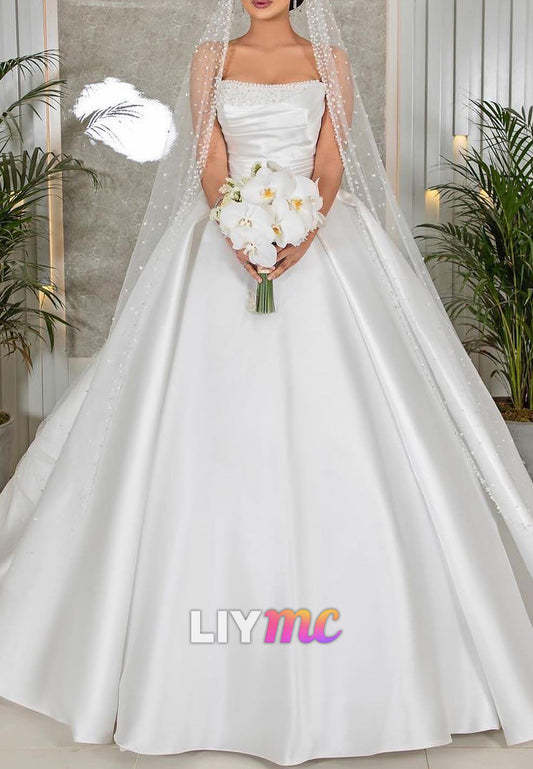 Straight Across Pearl Satin Sleeveless A-Line Wedding Dress