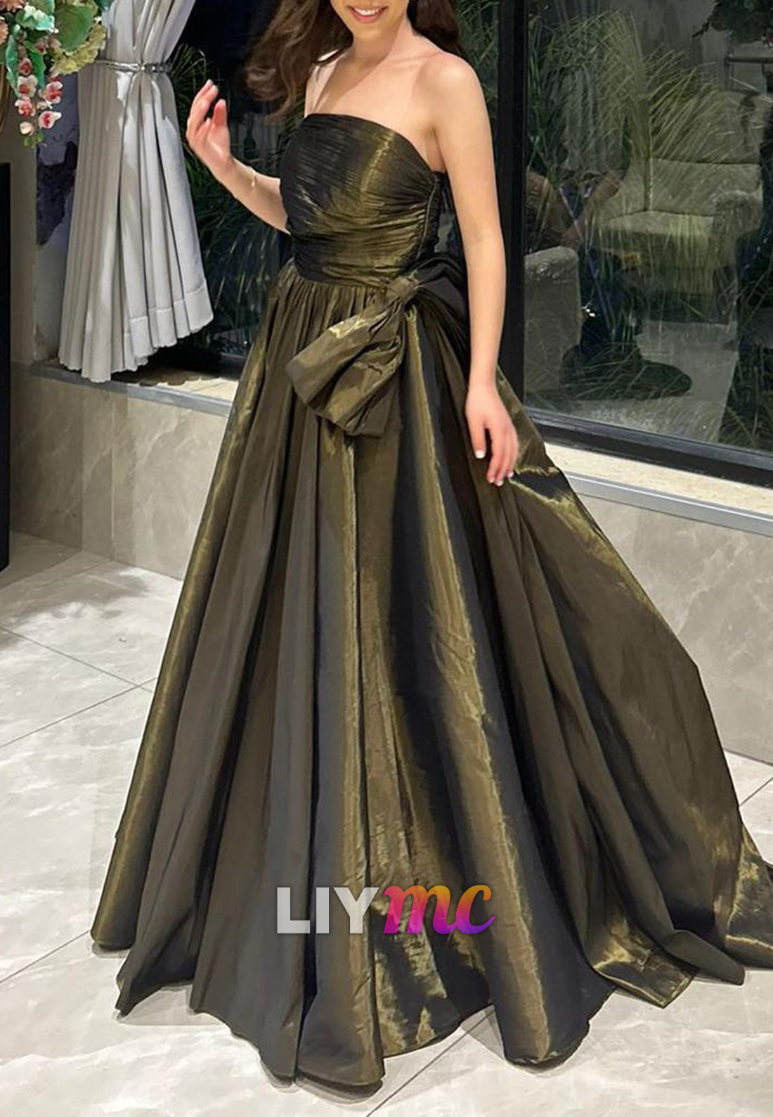 Straight Across Pleated A-Line Evening Dress