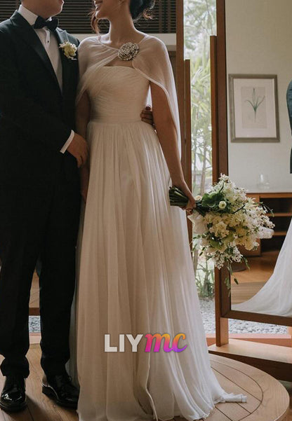 Straight Across Pleated A-Line Simple Beach Wedding Dress