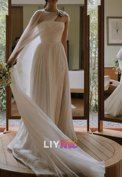 Straight Across Pleated A-Line Simple Beach Wedding Dress