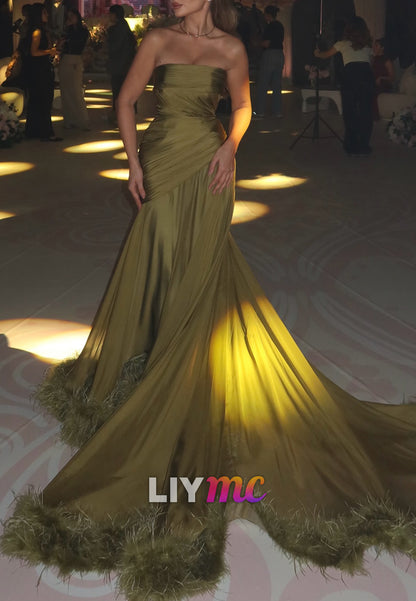 Straight Across Pleated Feathered A-Line Evening Dress