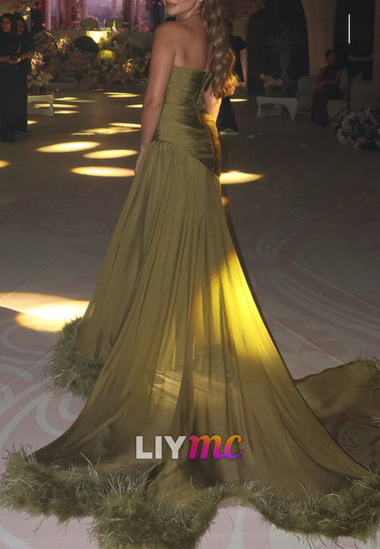 Straight Across Pleated Feathered A-Line Evening Dress