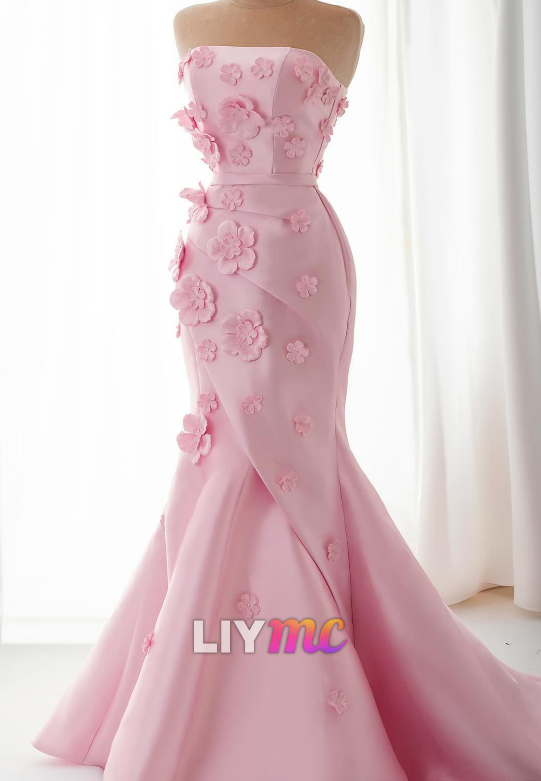Straight Across Pleated Floral Appliques Pink Sheath Evening Dress