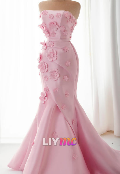 Straight Across Pleated Floral Appliques Pink Sheath Evening Dress