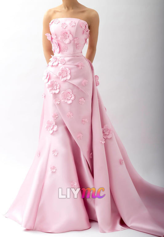 Straight Across Pleated Floral Appliques Pink Sheath Evening Dress