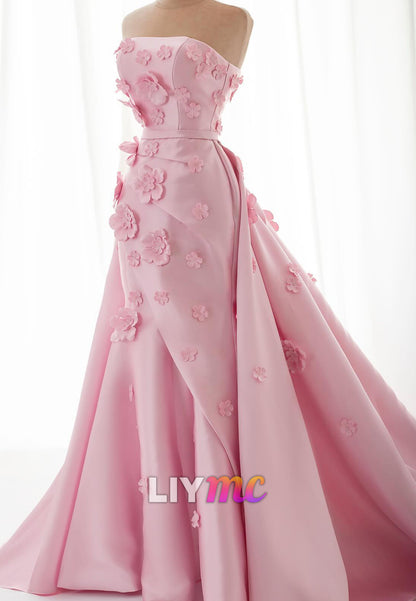 Straight Across Pleated Floral Appliques Pink Sheath Evening Dress