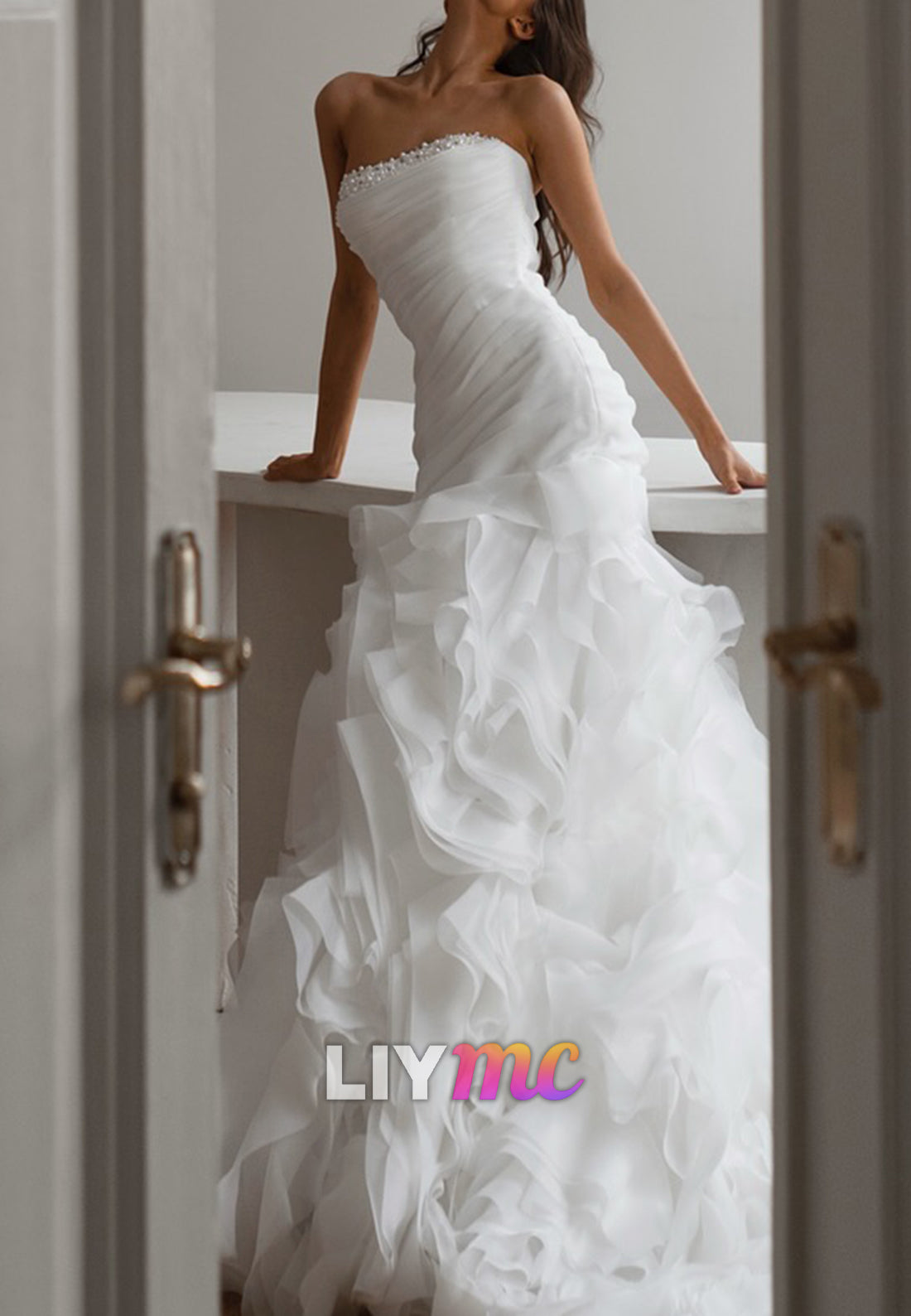 Straight Across Pleated Tulle Mermaid Bridal Gown Wedding Dress