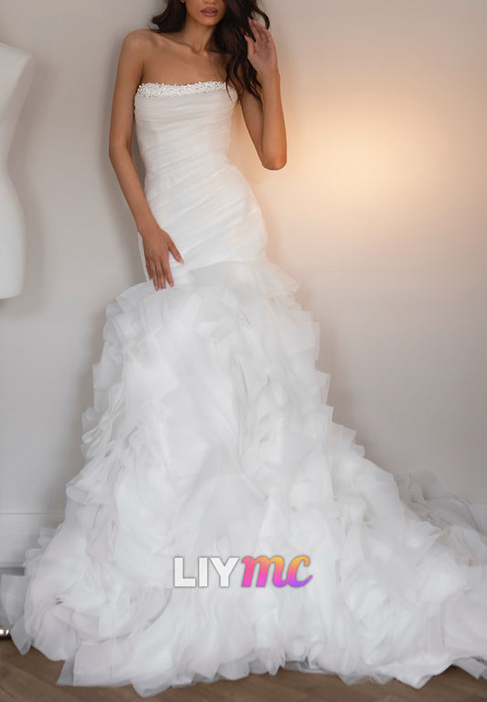Straight Across Pleated Tulle Mermaid Bridal Gown Wedding Dress