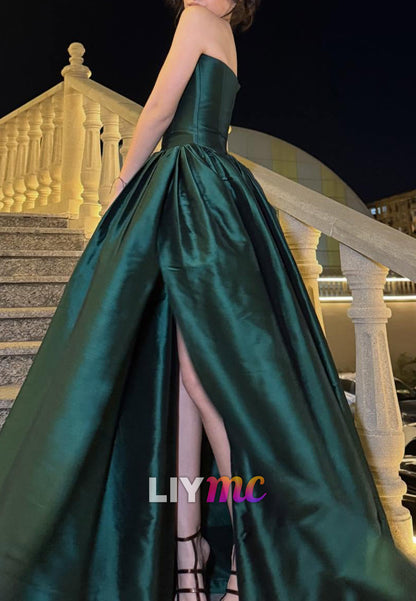 Straight Across Prom Dress Satin Side Slit A-Line Evening Dress
